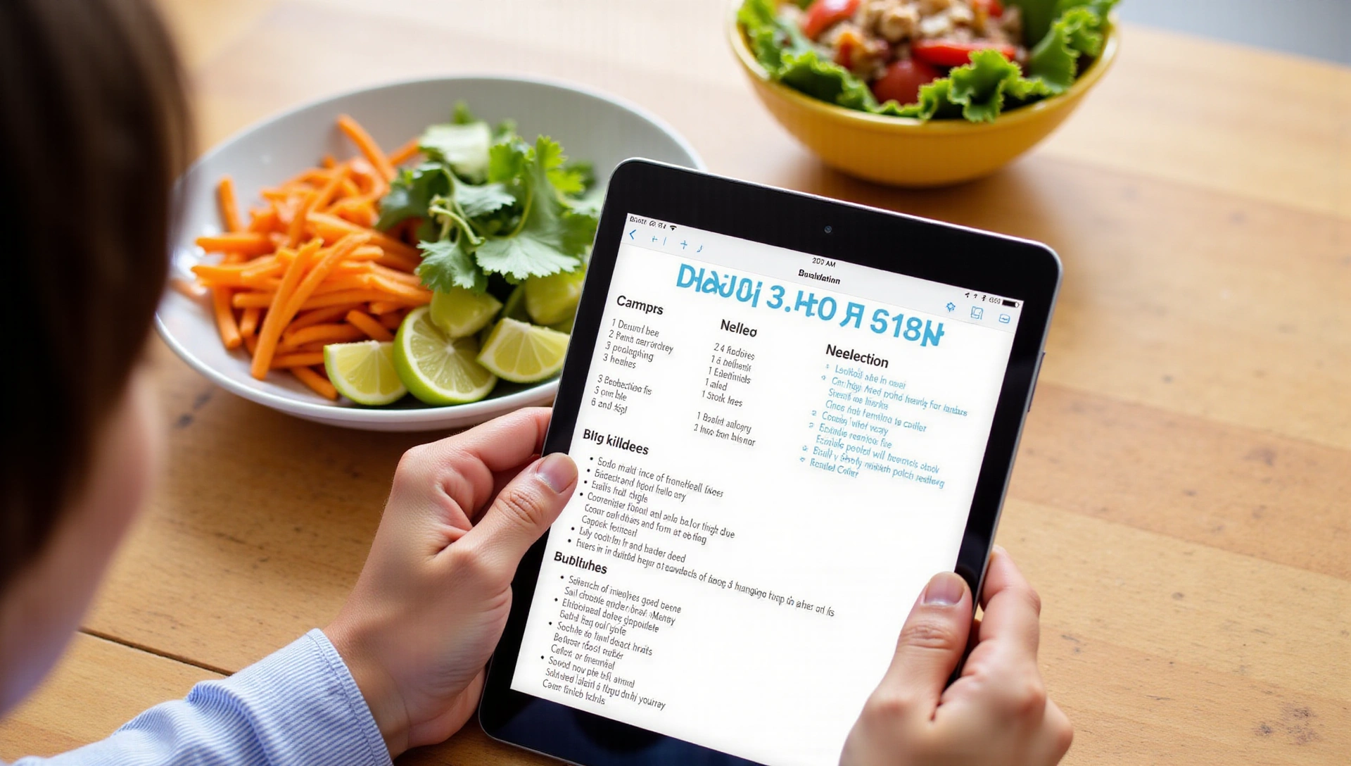 Una persona leyendo una receta saludable en una tableta con un plato colorido sobre una mesa de madera, representando un blog de salud y nutrición.