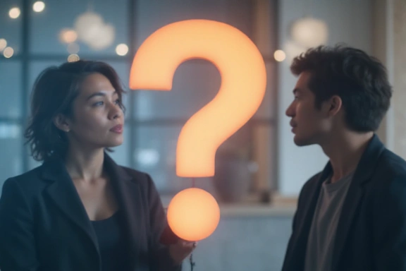 Signo de interrogación estilizado, personas conversando, diseño glasomorphism